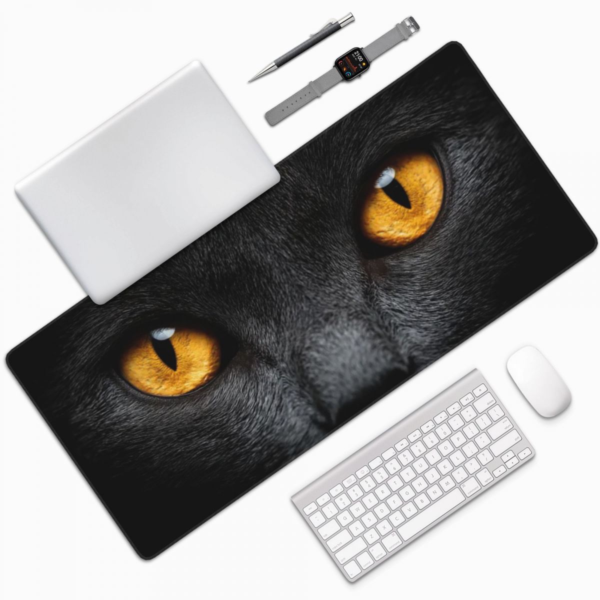 Yellow Laptop Accessories - แผ่นรองเมาส์ขนาดใหญ่ลายหน้าแมวดำและตาสีเหลือง แผ่นรองเมาส์สำหรับคอมพิวเตอร์ แผ่นรองเมาส์สำหรับเกมเมอร์ แผ่นรองโต๊ะแล็ปท็อป อุปกรณ์สำนักงาน แผ่นรองโต๊ะ